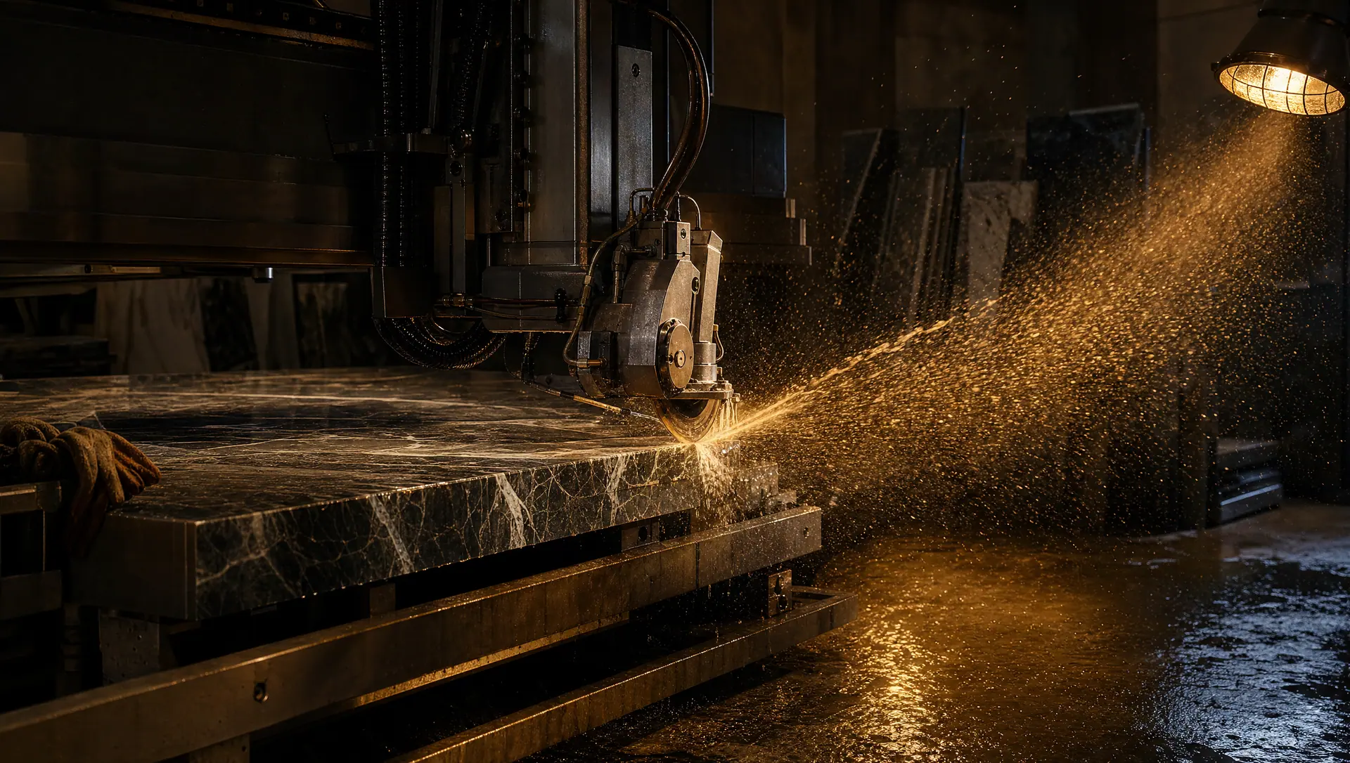 Five-axis CNC saw-jet cutting a marble slab