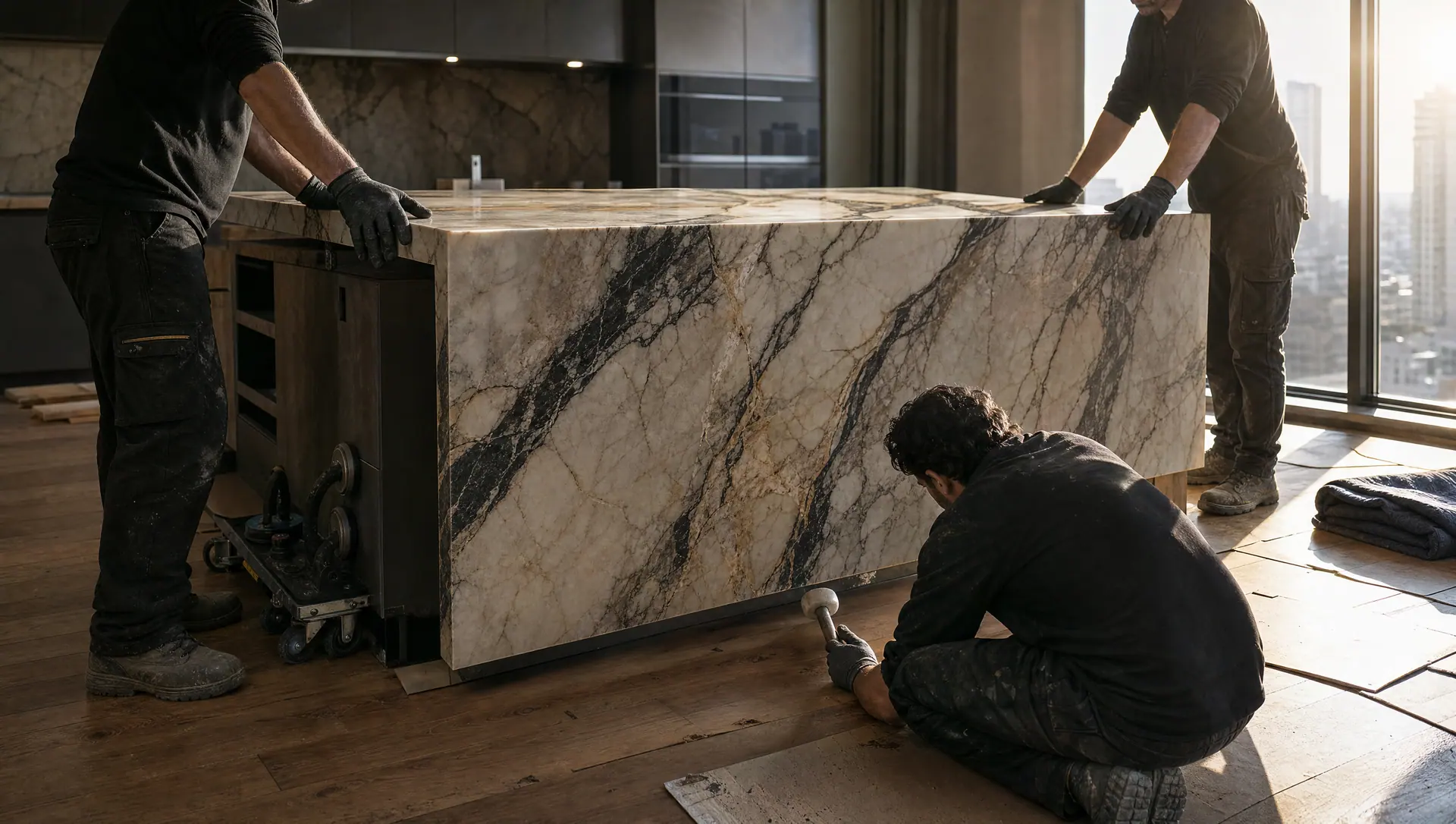 White-glove installation of a waterfall island