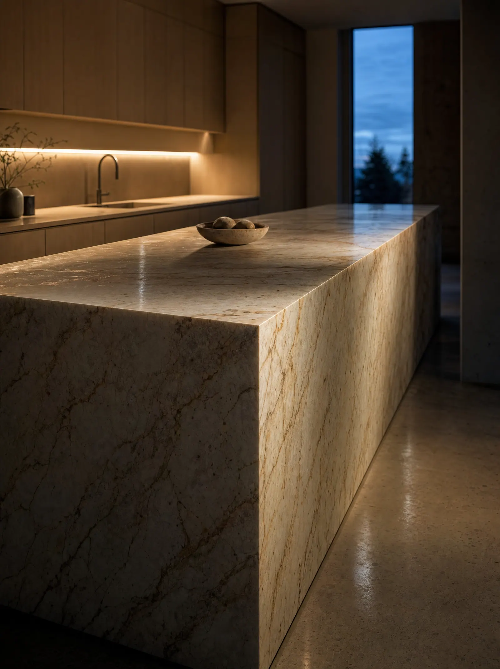 Cream stone monolithic island in a quiet oak kitchen at twilight