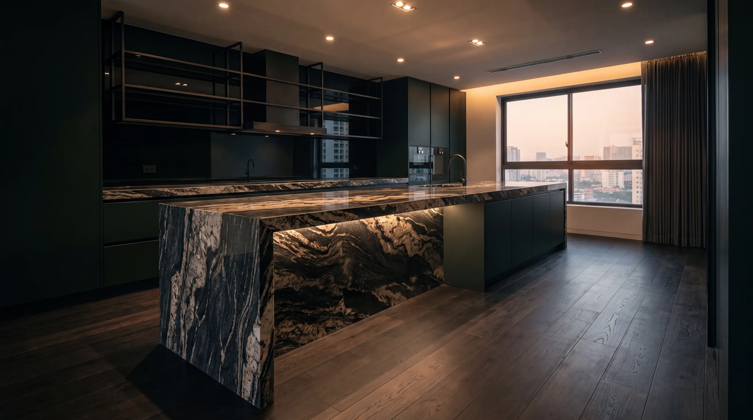 Book-matched stone island installed in a Santos kitchen