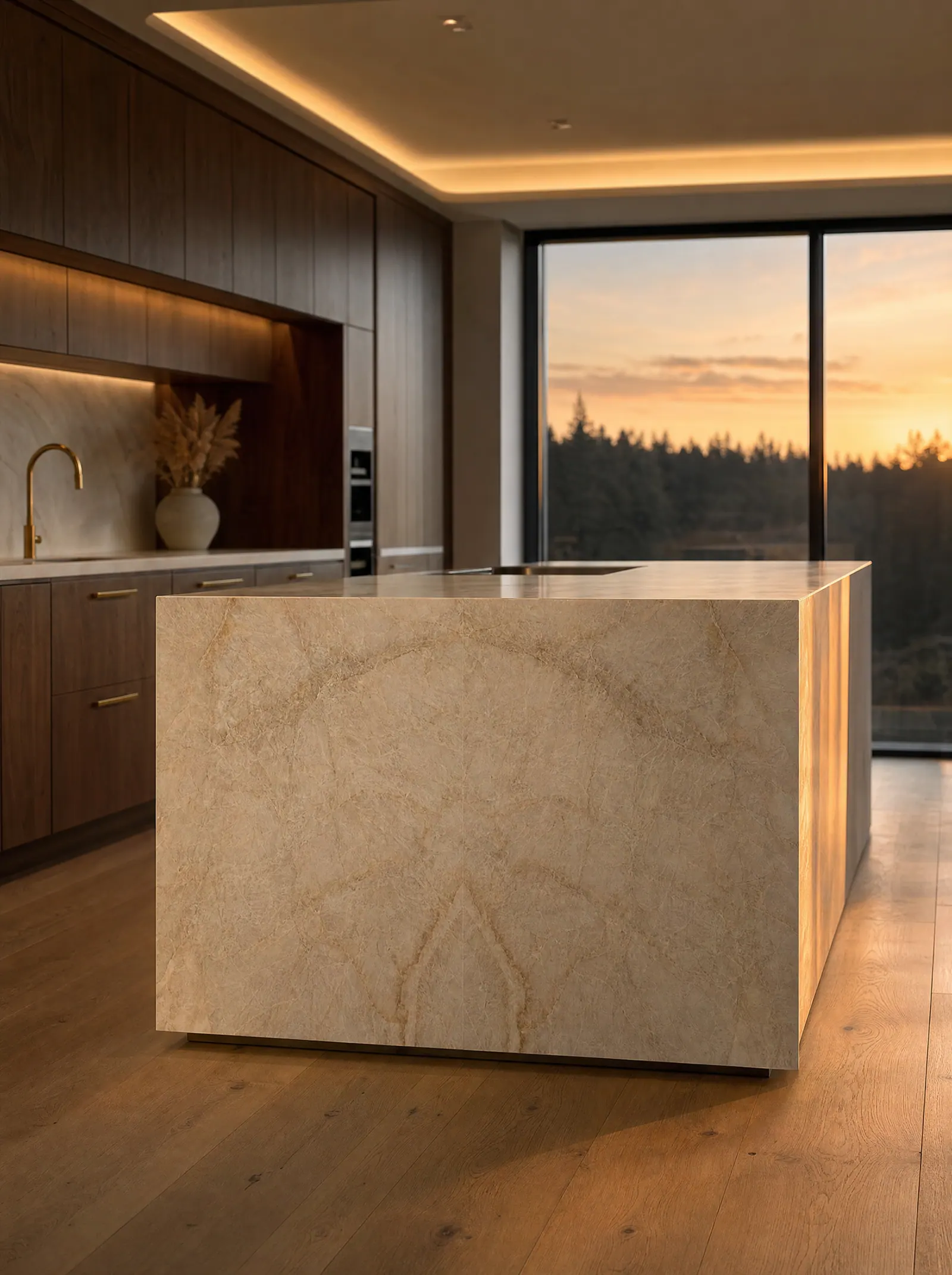 Taj Mahal quartzite waterfall island in a timber kitchen at dusk