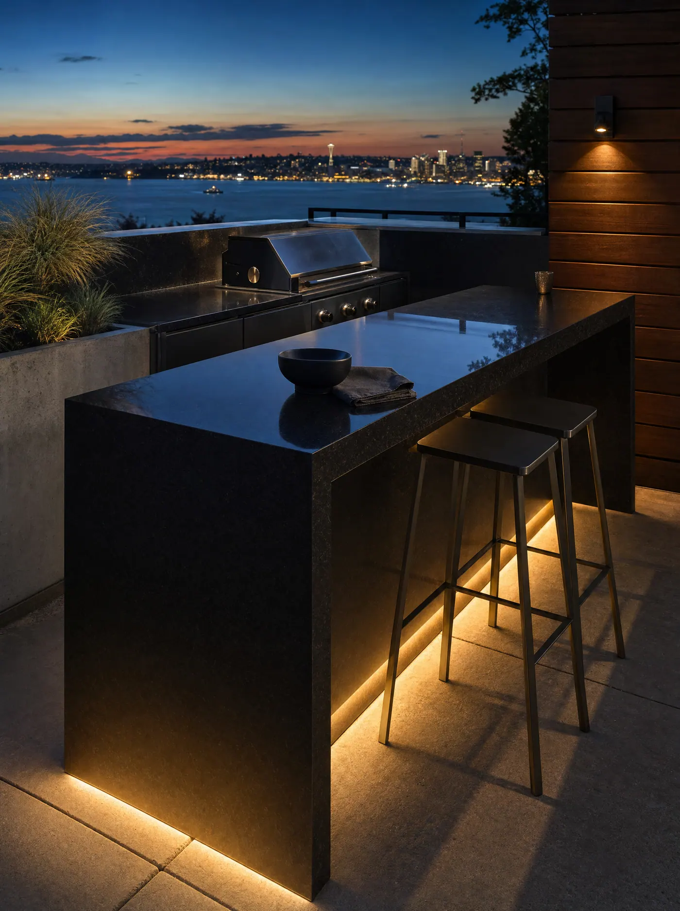 Absolute Black granite outdoor kitchen overlooking the Seattle skyline