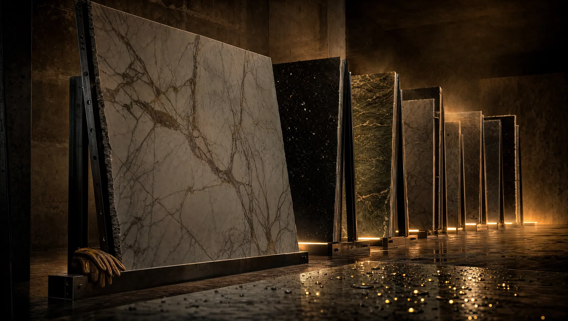 Slabs racked in the Santos showroom