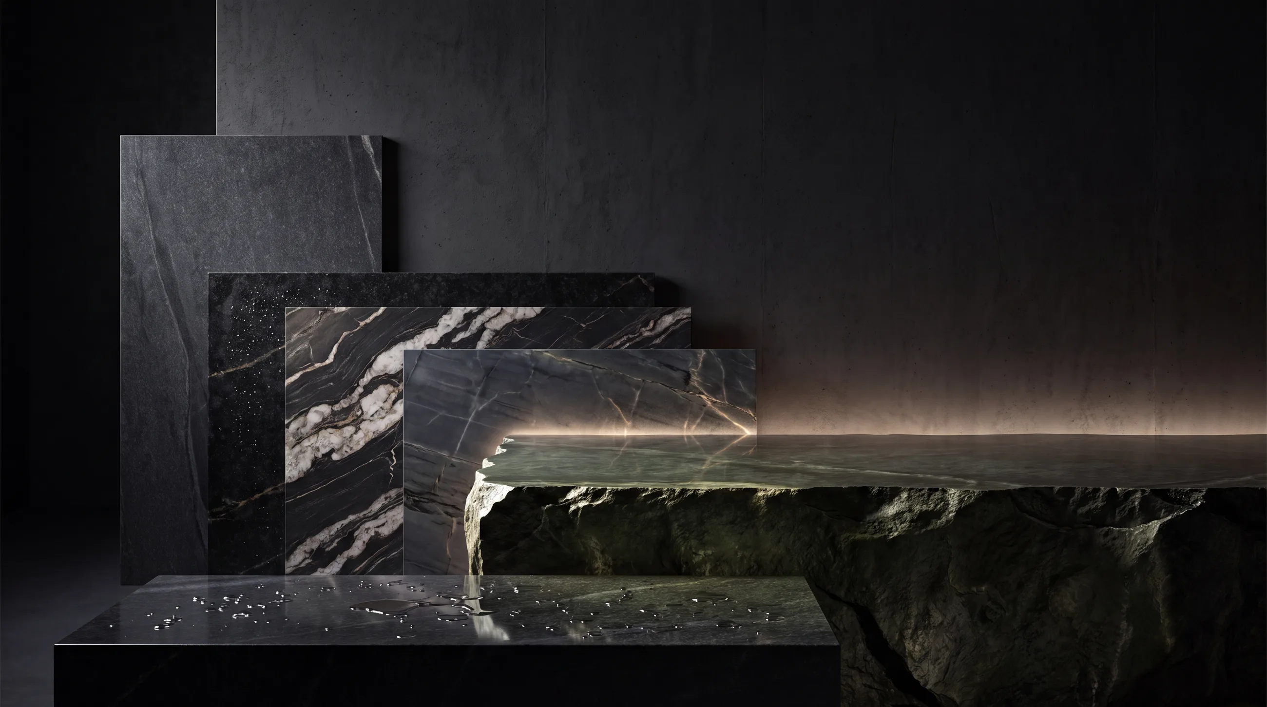 Rows of full slabs racked in the Santos showroom