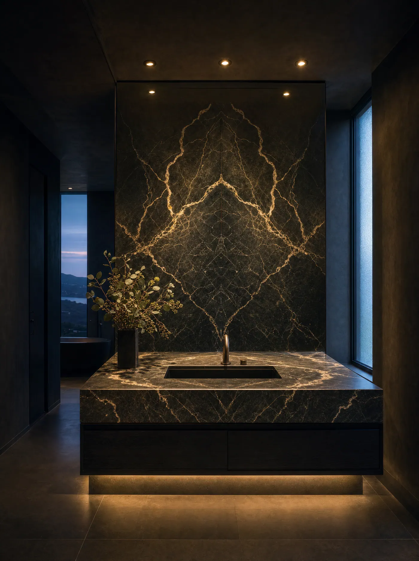 Book-matched Calacatta marble vanity in a dark master bath
